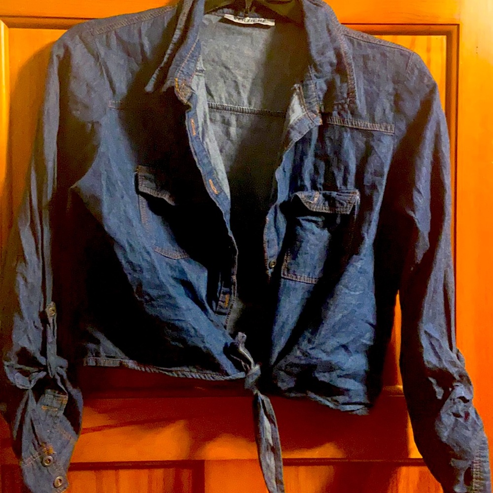 Tie front denim top